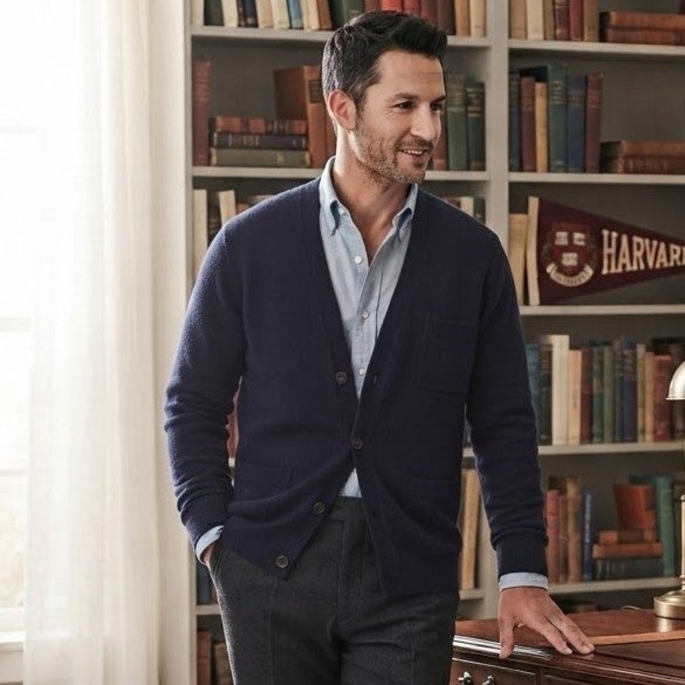 J.Crew Cardigan Mens Large Navy Blue Cotton Cashmere Pocket Sweater Luxury